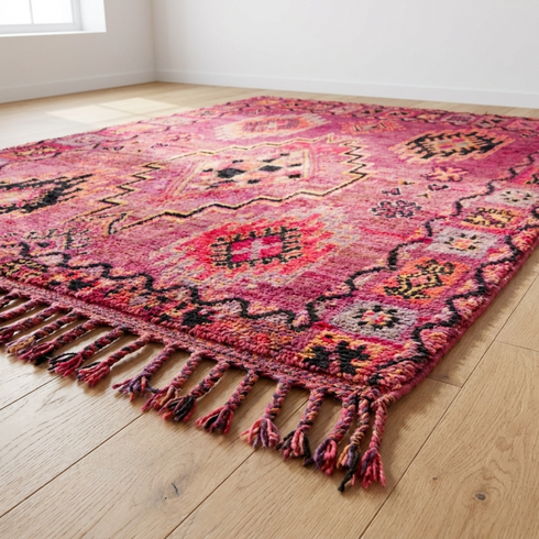 Authentic Handmade Boujaad Rug – Vibrant Pink Wool Moroccan Rug with Tribal Boho Design