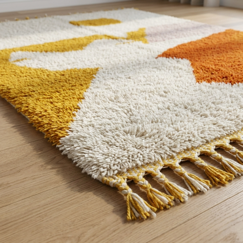 Authentic Azilal Moroccan Rug – Shaggy High Pile Natural Wool Rug with Modern Abstract Design for Boho Decor