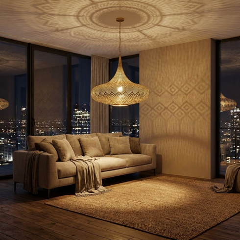 Moroccan Pendant Light – Perforated Brass Shadow-Casting Lamp