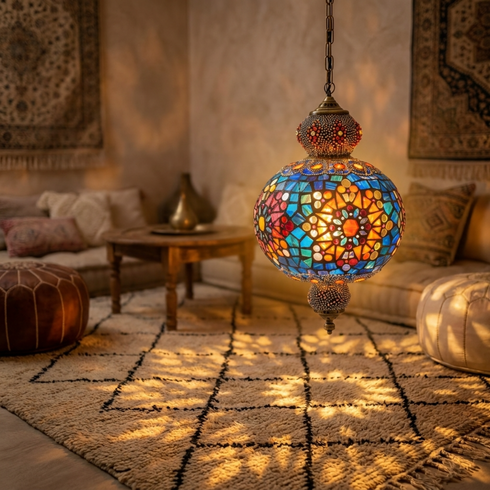 Authentic Handmade Moroccan Lamp – Solid Brass Mosaic Globe Pendant Light for Cozy Boho Bedroom Decor