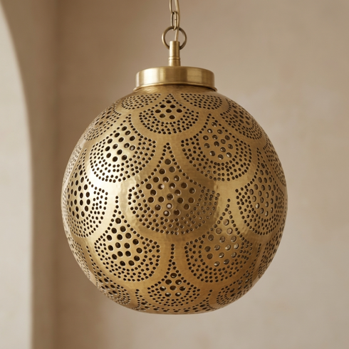 Filigree Moroccan Pendant Light – Brass Openwork Lamp Living Room