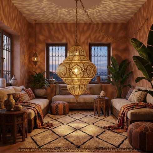 Handmade Moroccan Hanging Lamp - Gold Brass Finish - Intricate Shadow Casting