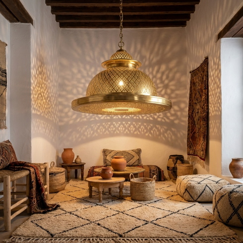 Authentic Handmade Moroccan Lamp – Gold Brass Pendant Light with Intricate Perforated Geometric Design for Living Room Decor