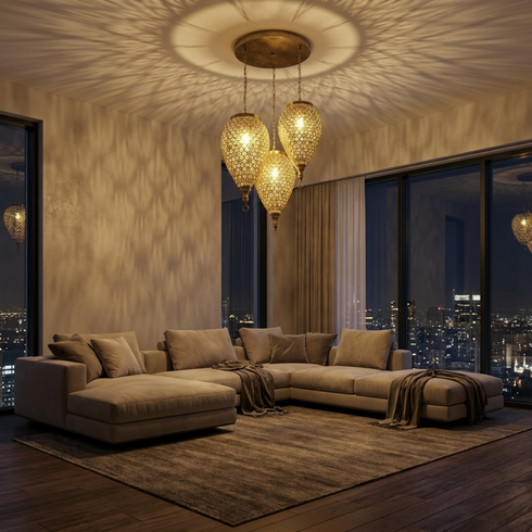 Authentic Custom Brass Chandelier – Gold Hand-Hammered Triple Teardrop Pendant Light for Boho Bedroom Mood Lighting