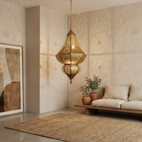 Authentic Handmade Moroccan Lamp – Gold Brass Pendant Light with Intricate Filigree Shadow Casting for Living Room Decor