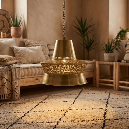 Filigree Moroccan Pendant Light – Brass Openwork Lamp Shadow-Casting