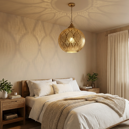 Authentic Moroccan Hanging Lamp – Hand-Hammered Brass Globe Pendant Light for Boho Bedroom Mood Lighting