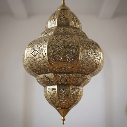 Handmade Moroccan Hanging Lamp - Gold Brass Finish - Intricate Shadow Casting