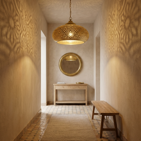 Authentic Moroccan Hanging Lamp - Gold Brass Pendant - Boho Bedroom Mood Lighting