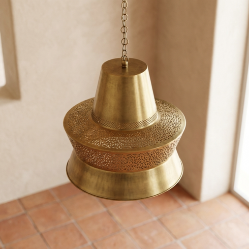 Filigree Moroccan Pendant Light – Brass Openwork Lamp Shadow-Casting