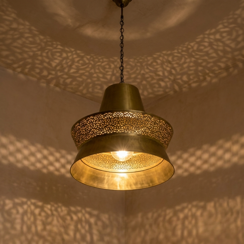 Filigree Moroccan Pendant Light – Brass Openwork Lamp Shadow-Casting