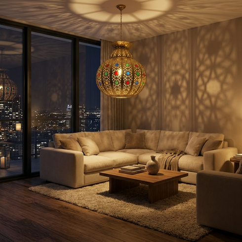 Filigree Brass Moroccan Pendant Light Entryway