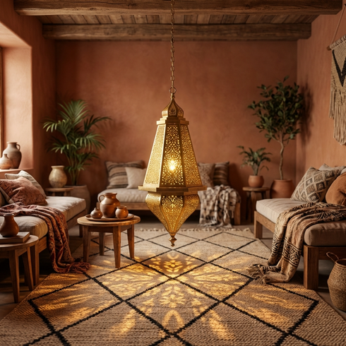 Authentic Moroccan Hanging Lamp - Gold Hand-Hammered Brass - Entryway Lantern