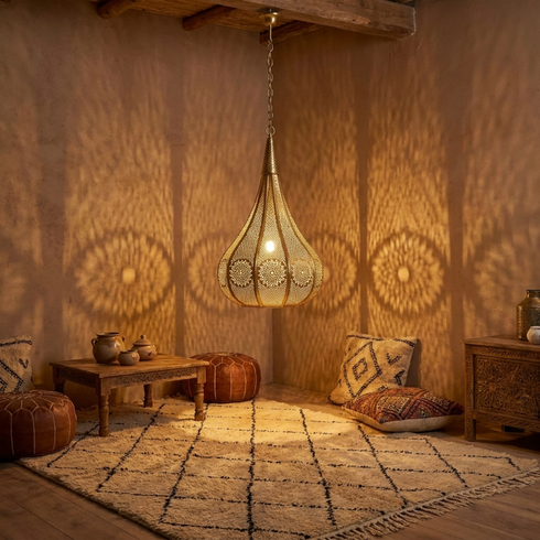 Authentic Moroccan Teardrop Hanging Lamp – Gold Brass Pendant Light with Artistic Shadow Casting Pattern