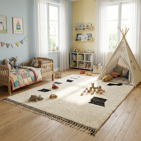 Hand Knotted Beni Ourain Rug - Minimalist Abstract Moroccan Area Rug