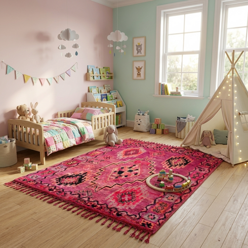 Authentic Handmade Boujaad Rug – Vibrant Pink Wool Moroccan Rug with Tribal Boho Design