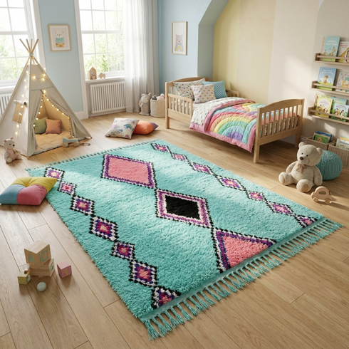 Handmade Azilal Rug – Colorful Shaggy Wool Area Rug with Vibrant Geometric Pattern
