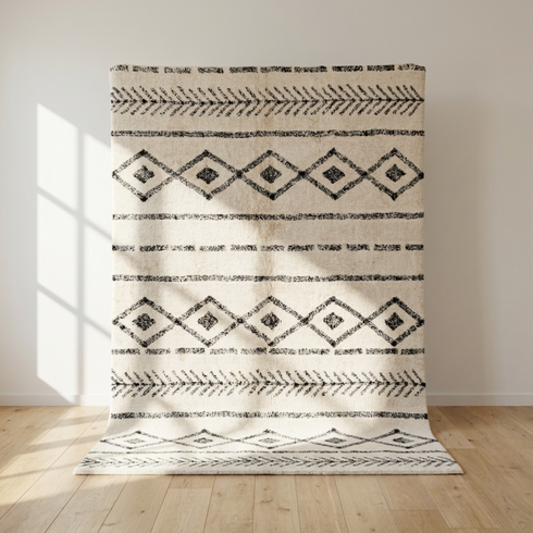 Minimalist Moroccan Rug - Flatweave Natural Wool - Scandi-Boho Geometric Decor