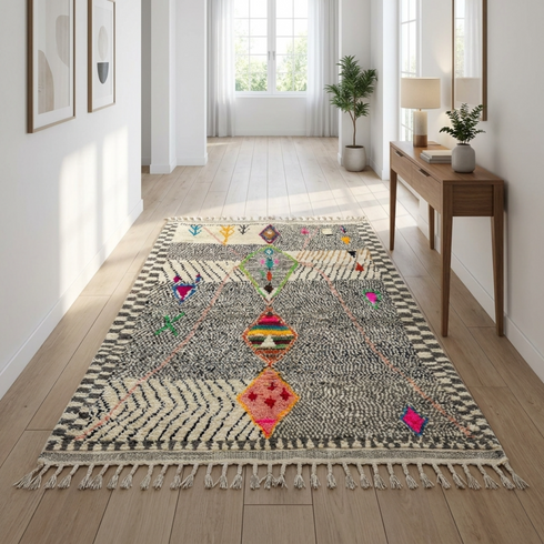 Authentic Handmade Azilal Rug – 100% Wool Moroccan Area Rug with Colorful Abstract Geometric Pattern