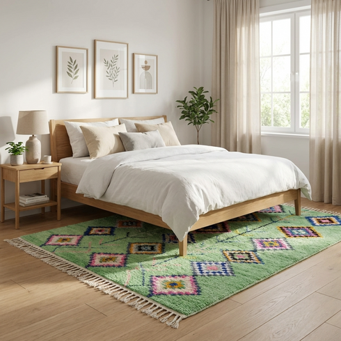 Handmade Azilal Moroccan Rug – Vibrant Shaggy Wool Rug with Sage Green Tribal Diamond Design