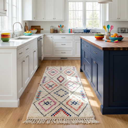 Handmade Azilal Rug - High Pile Natural Wool - Vibrant Geometric Boho Living Room Decor