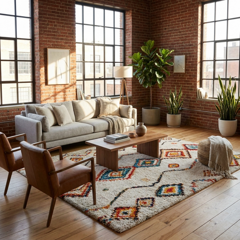 Handmade Azilal Rug - Plush Natural Wool - Vibrant Boho Living Room Decor