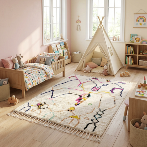 Handmade Moroccan Beni Ourain Rug - Plush Natural Wool - Geometric Symbols