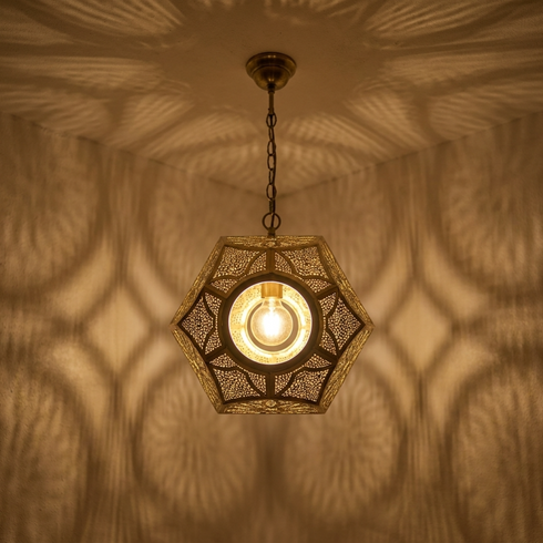 Authentic Moroccan Lamp – Gold Brass Pendant Light with Geometric Openwork Pattern for Bedroom Mood Lighting