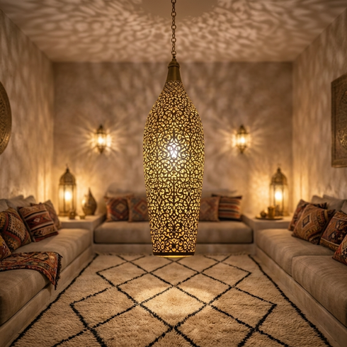 Authentic Handmade Moroccan Lamp – Perforated Brass Teardrop Pendant Light with Artistic Shadow Casting for Living Room Decor