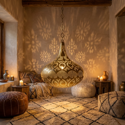 Moroccan Chandelier – Filigree Brass Openwork Lamp Statement Light