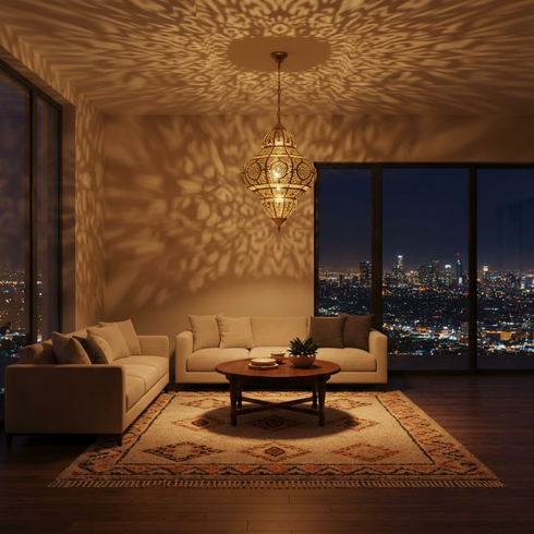 Handmade Moroccan Hanging Lamp - Gold Brass Finish - Intricate Shadow Casting