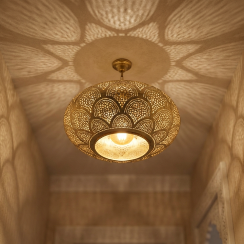 Authentic Handmade Moroccan Lamp – Gold Brass Pendant Light with Intricate Perforated Shadow Casting for Living Room Decor