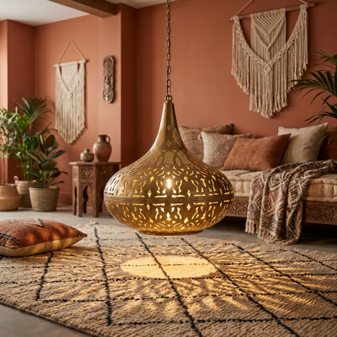 Moroccan Chandelier – Brass Filigree Openwork Entryway