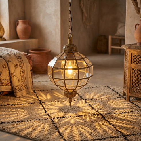 Handmade Glass & Brass Pendant - Geometric Ceiling Light