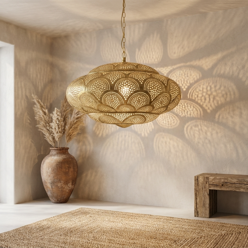 Authentic Handmade Moroccan Lamp – Gold Brass Pendant Light with Intricate Perforated Shadow Casting for Living Room Decor