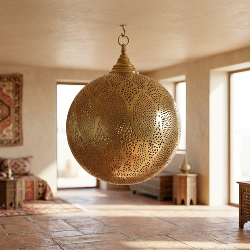 Authentic Moroccan Hanging Lamp – Hand-Hammered Brass Globe Pendant Light for Boho Bedroom Mood Lighting