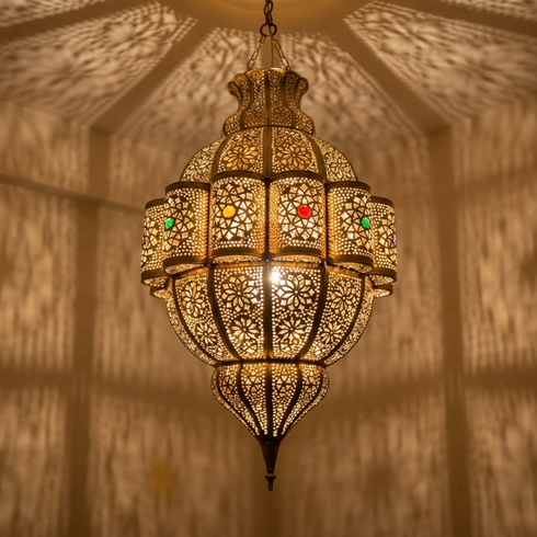 Handmade Moroccan Pendant Lamp – Gold Brass Statement Light with Filigree Pattern for Living Room Decor