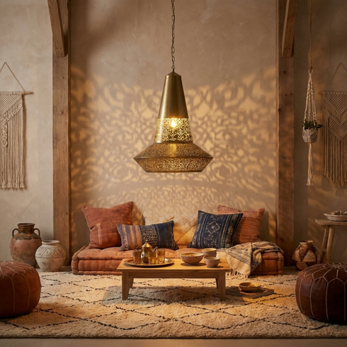 Authentic Handmade Moroccan Lamp – Oxidized Brass Teardrop Chandelier with Intricate Filigree Design for Dining Room Decor