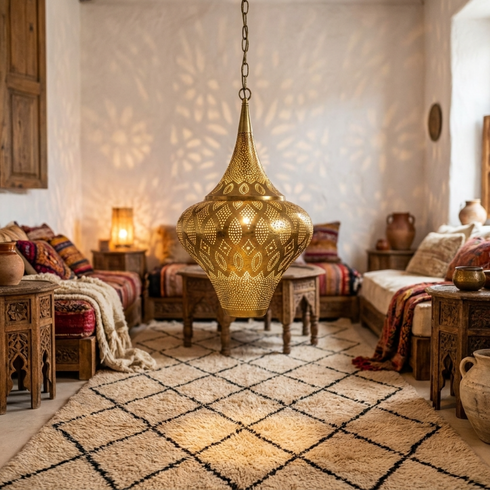 Authentic Handmade Moroccan Lamp – Oxidized Brass Teardrop Pendant Light for Cozy Boho Bedroom Decor