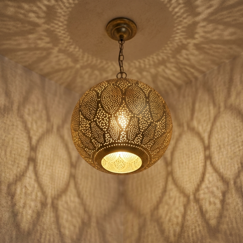 Authentic Moroccan Hanging Lamp – Hand-Hammered Brass Globe Pendant Light for Boho Bedroom Mood Lighting