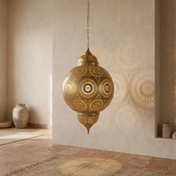 Geometric Moroccan Pendant Light – Brass Filigree Lamp