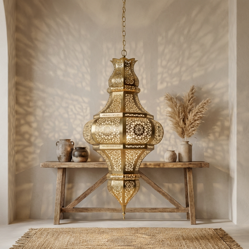 Handmade Moroccan Lamp - Gold Brass Pendant - Living Room Statement Lamp