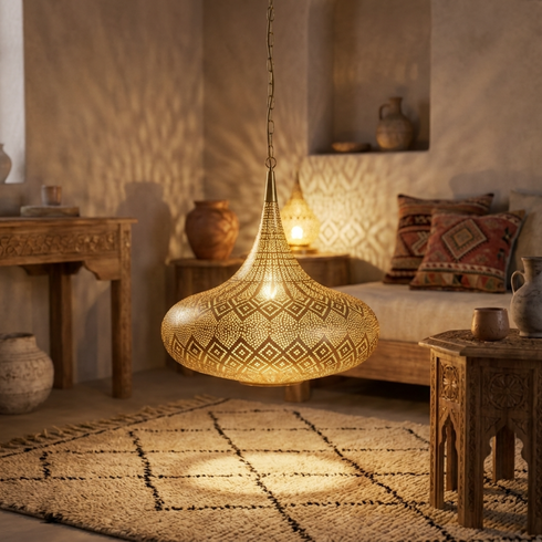 Moroccan Pendant Light – Perforated Brass Shadow-Casting Lamp