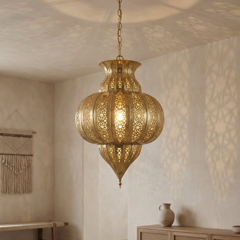 Handmade Moroccan Lamp - Gold Brass Pendant - Boho Entryway Lantern