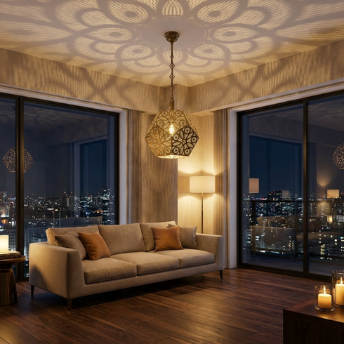 Authentic Moroccan Lamp – Gold Brass Pendant Light with Geometric Openwork Pattern for Bedroom Mood Lighting