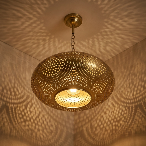 Moroccan Pendant Light – Filigree Brass Openwork Lamp Statement Light