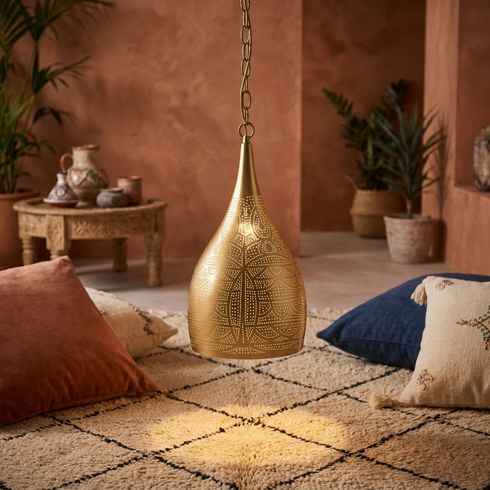 Gold Brass Teardrop Pendant Light – Decorative Shadow Casting Lamp for Kitchen Island Lighting