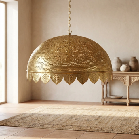 Authentic Handmade Moroccan Lamp – Gold Brass Pendant Light with Oversized Scalloped Dome for Living Room Decor