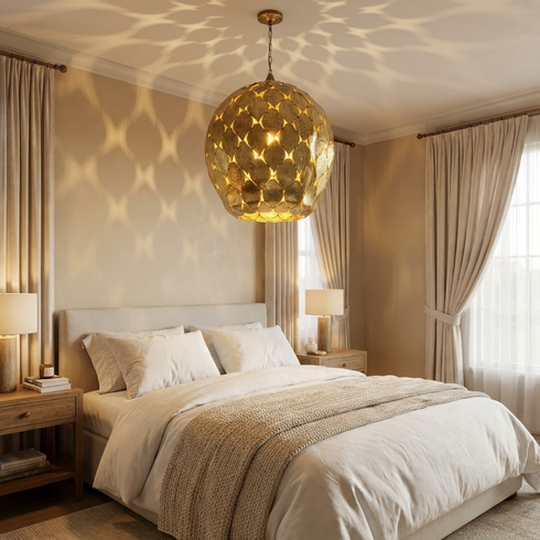 Authentic Handmade Moroccan Lamp – Gold Brass Hand-Hammered Globe Pendant Light for Cozy Boho Bedroom Decor