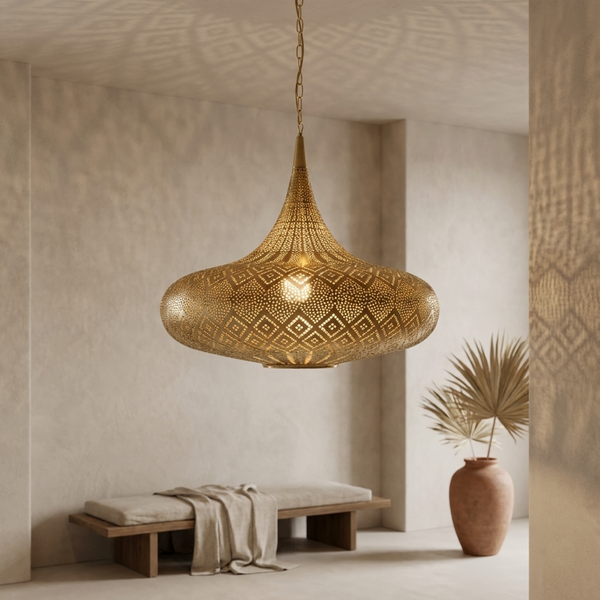 Moroccan Pendant Light – Perforated Brass Shadow-Casting Lamp